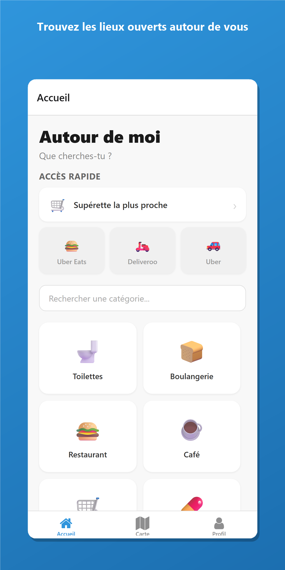 Écran d'accueil OpenSpot — Autour de moi avec catégories Toilettes, Boulangerie, Restaurant, Café