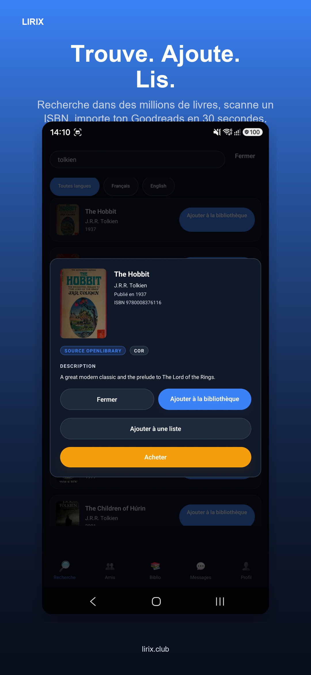 Lirix library screen — roulette, recommendations, lists, filters and books currently being read
