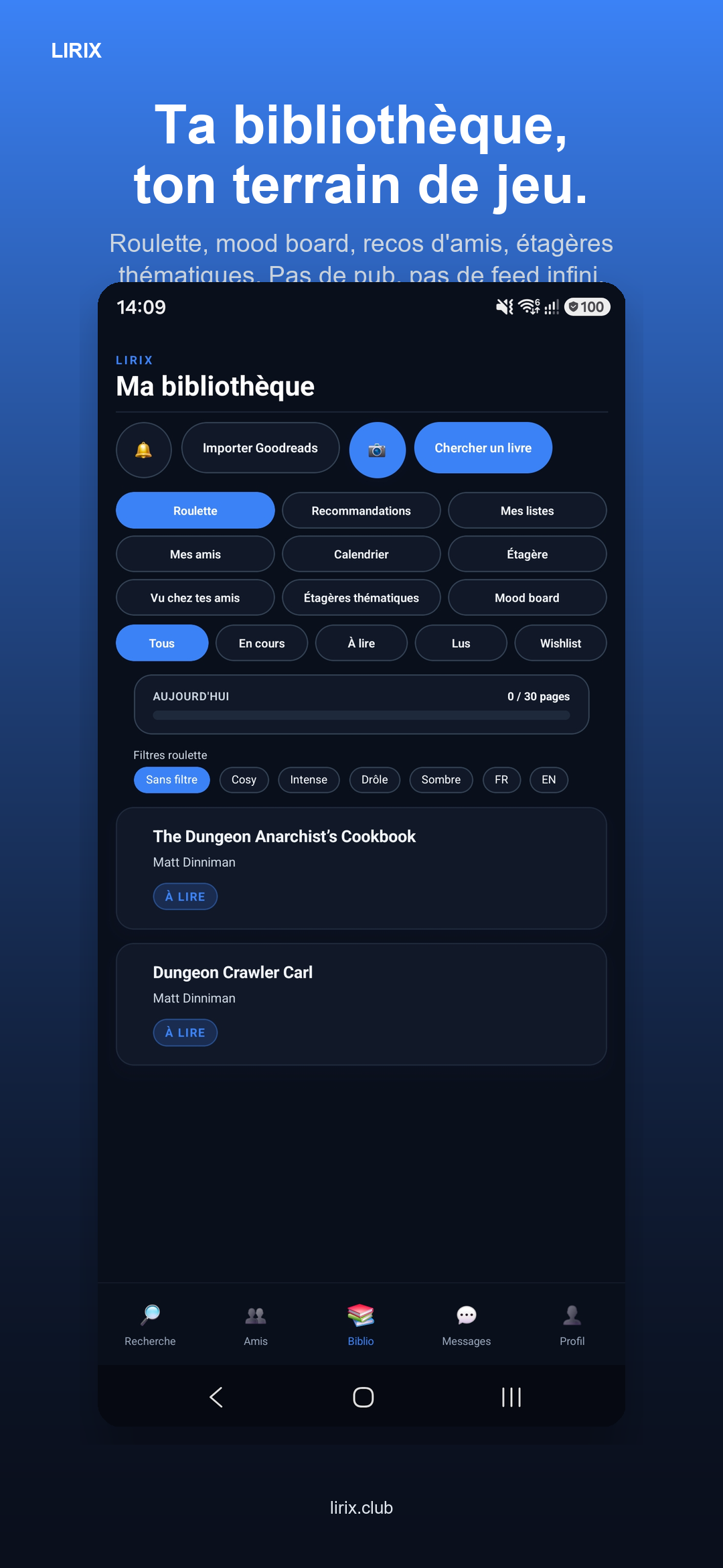 Lirix stats screen — books read, pages read, streaks and current series for 2026